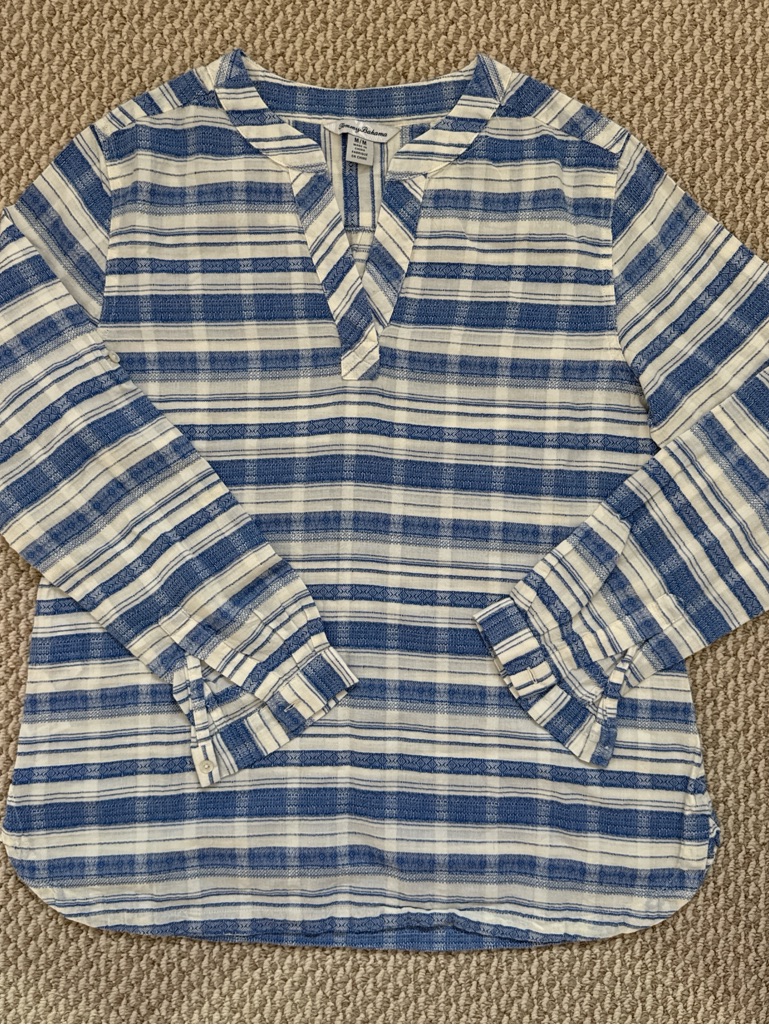 Tommy Bahama Blue And White Striped V-Neck Top